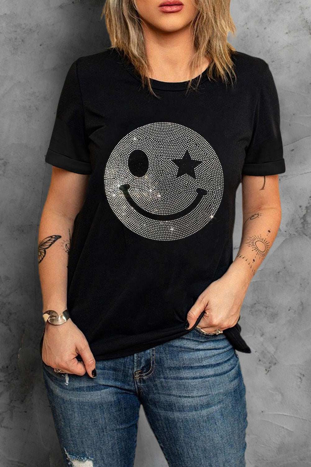 Black Sparkle Rhinestone Smiley Face Graphic T Shirt