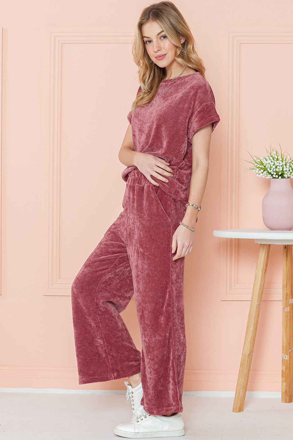 Rose Pink Mineral Wash Corduroy Short Sleeve Top and Crop Pants Set