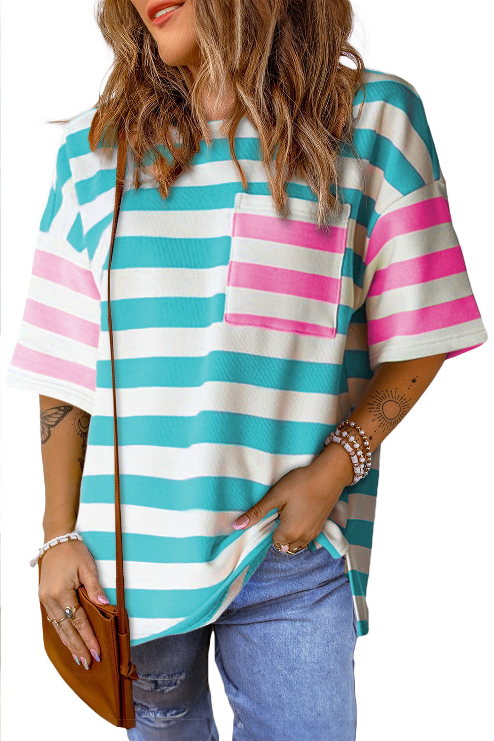 Stripe Patch Pocket Drop Sleeve Slits T Shirt