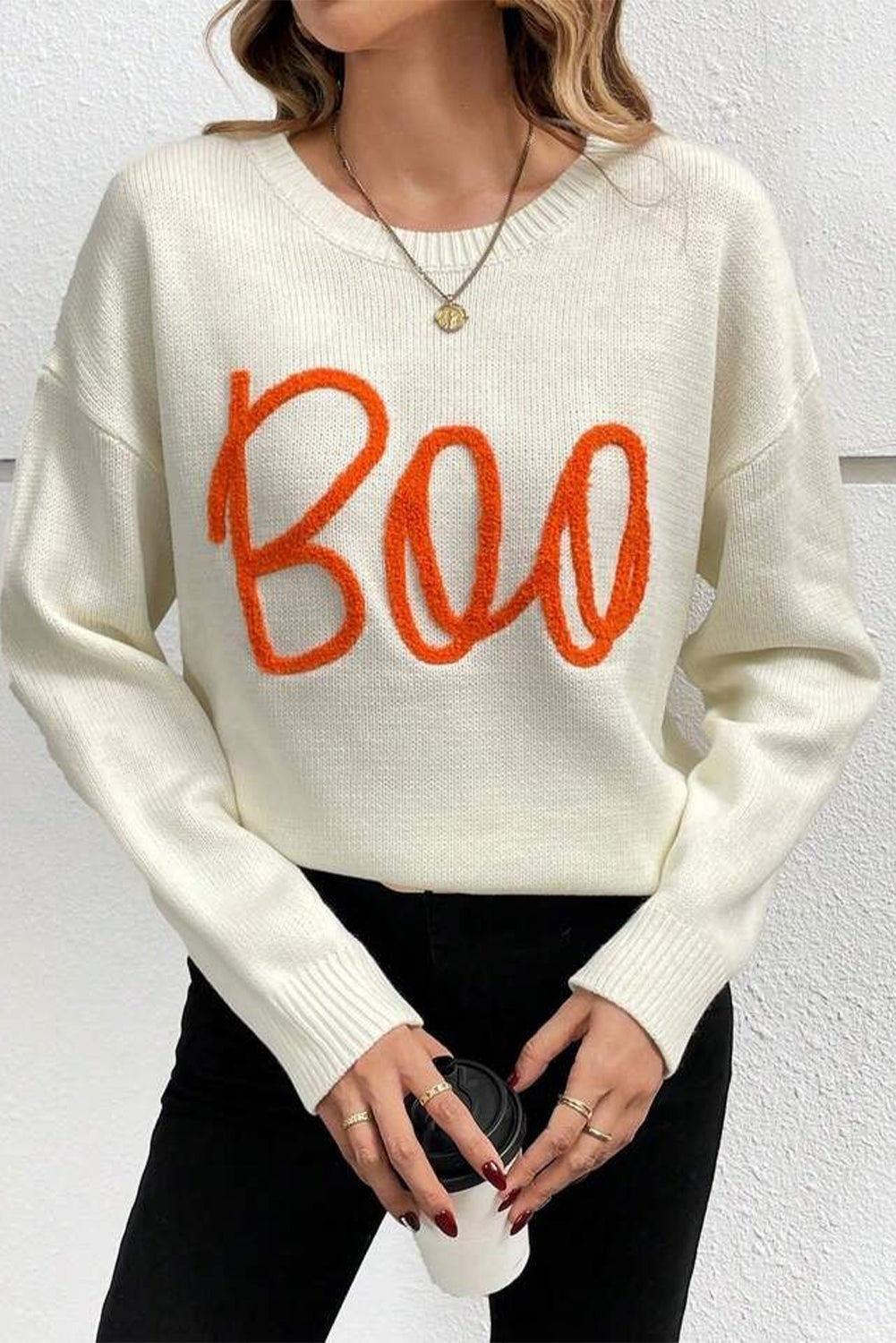 Halloween Boo Drop Shoulder Knit Sweater