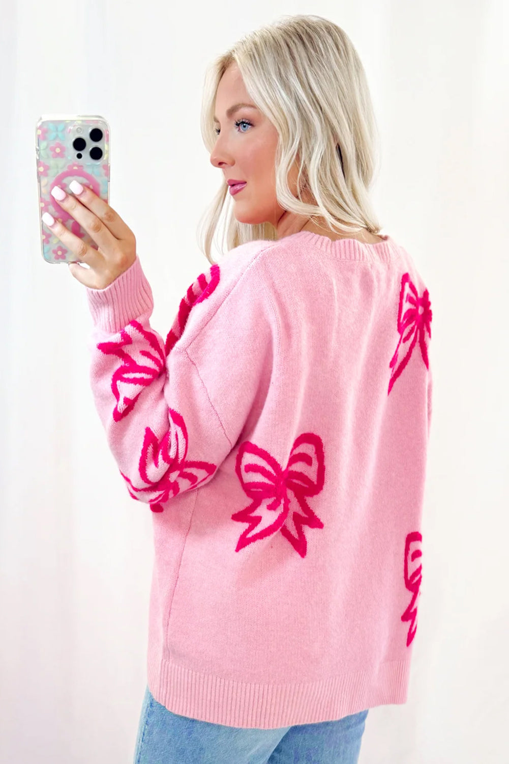 Pink Bow Pattern Drop Sleeve Loose Sweater