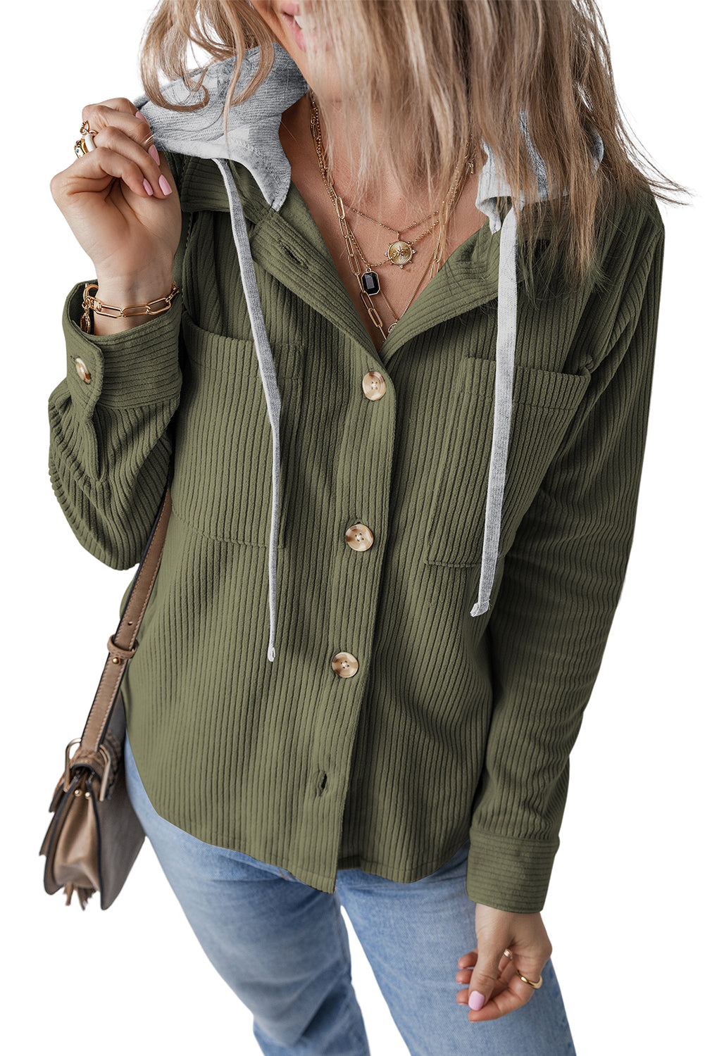 Moss Green Pockets Drawstring Hooded Corduroy Shacket