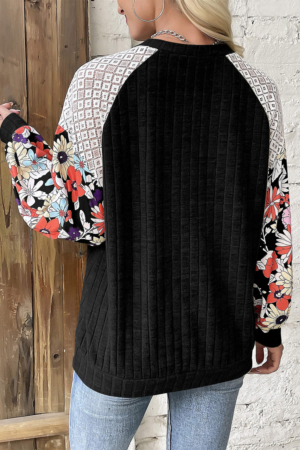 Black Floral Patchwork Raglan Sleeve Ribbed Top