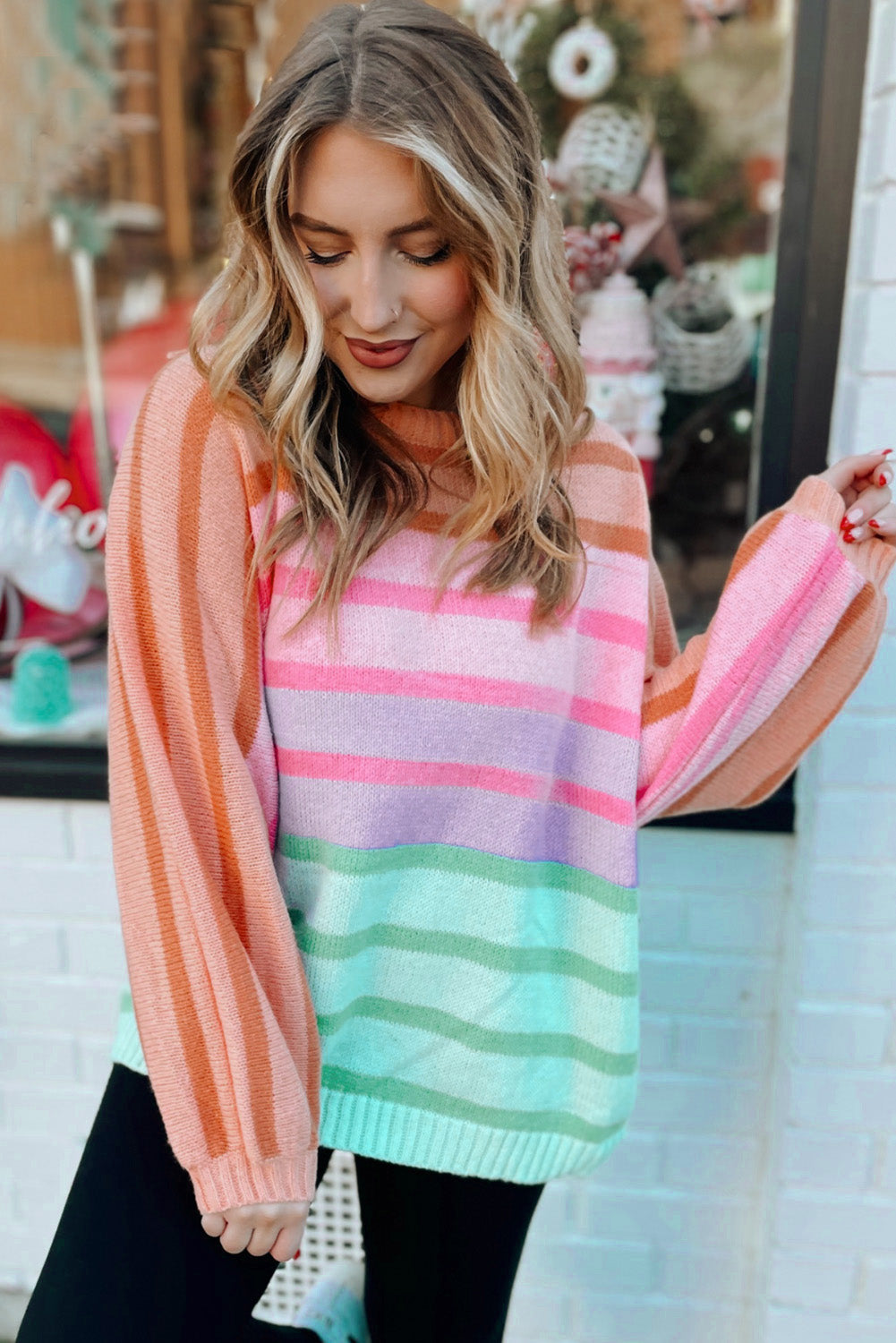 Multicolour Striped Ribbed Edge Gradient Loose Sweater