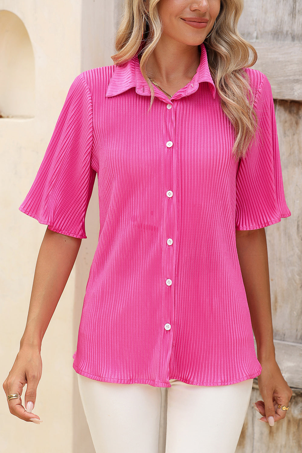 Bright Pink Button Up Pleated Blouse