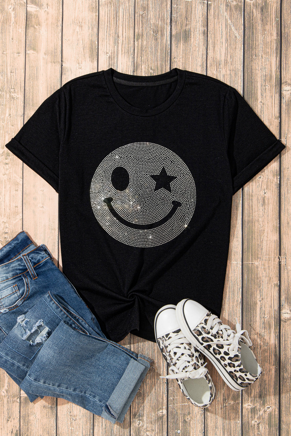 Black Sparkle Rhinestone Smiley Face Graphic T Shirt