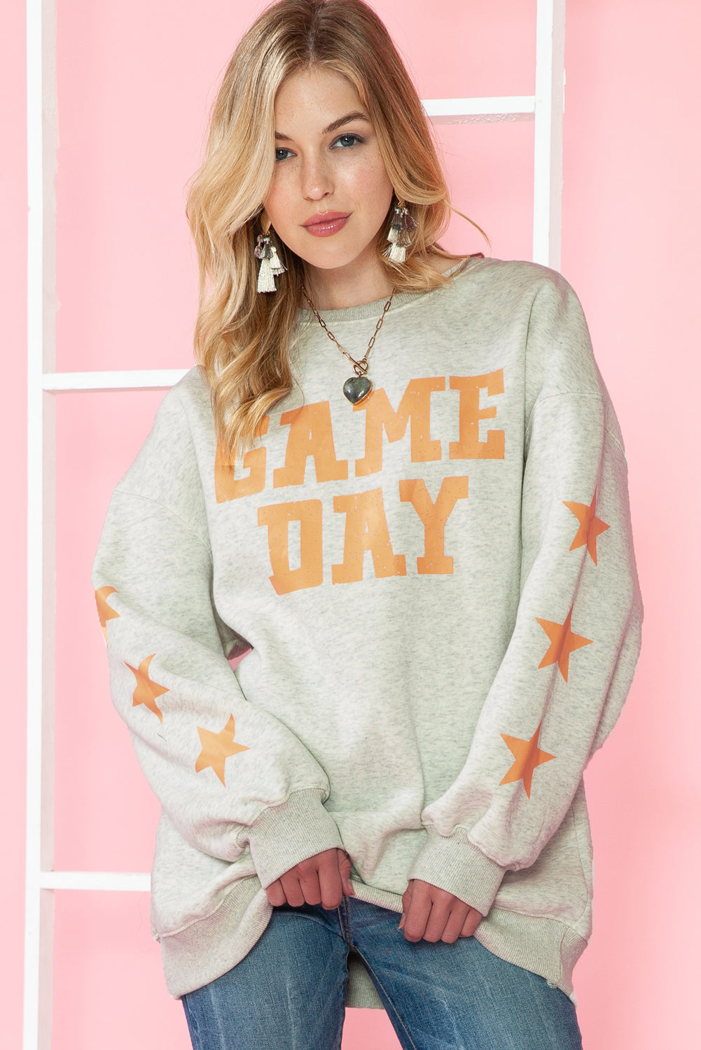 Orange Lettering Game Day Print Star Sleeve Sweatshirt