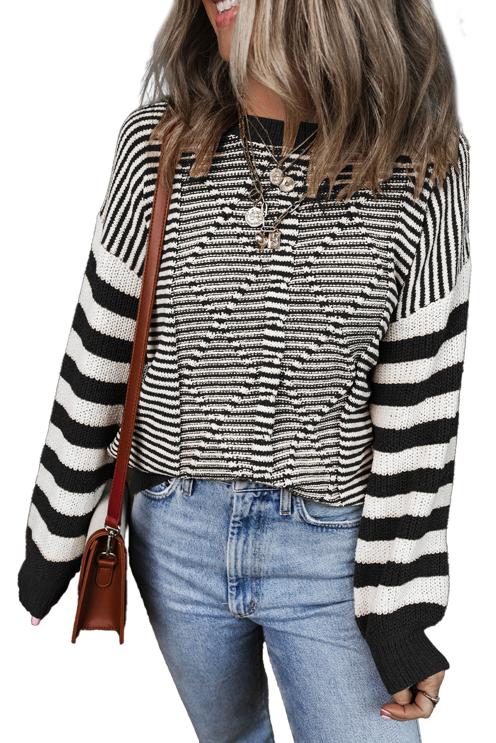 Red and White Stripe Twisted Knitted Drop Shoulder Sweater