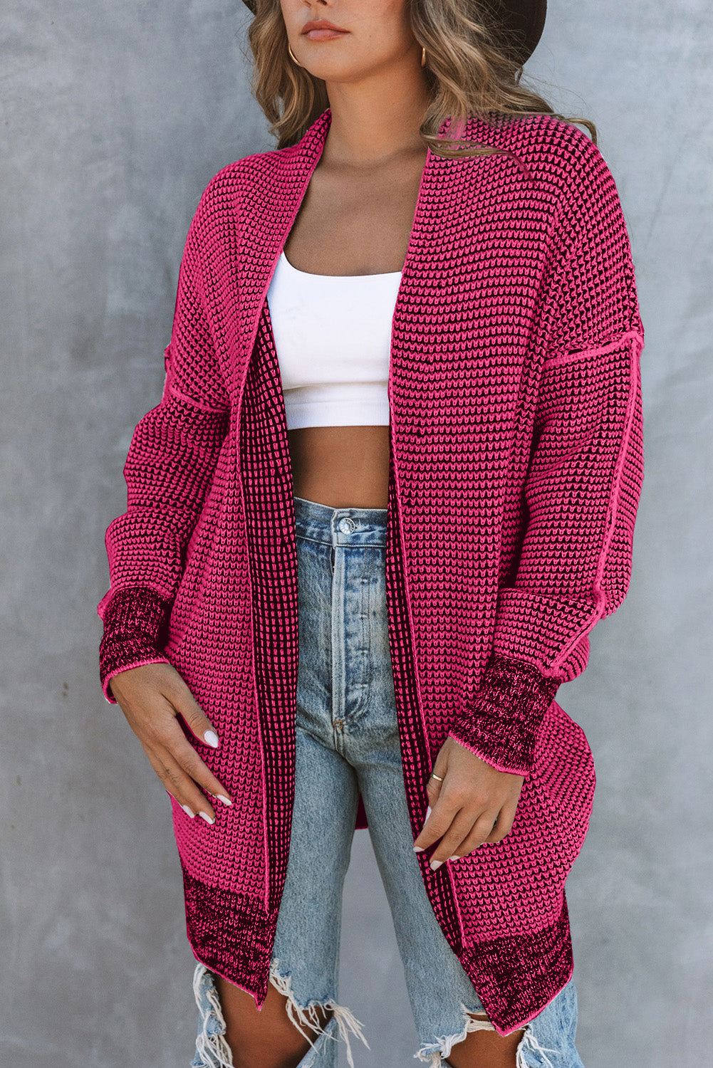 Plaid Contrast Trim Casual Knit Cardigan