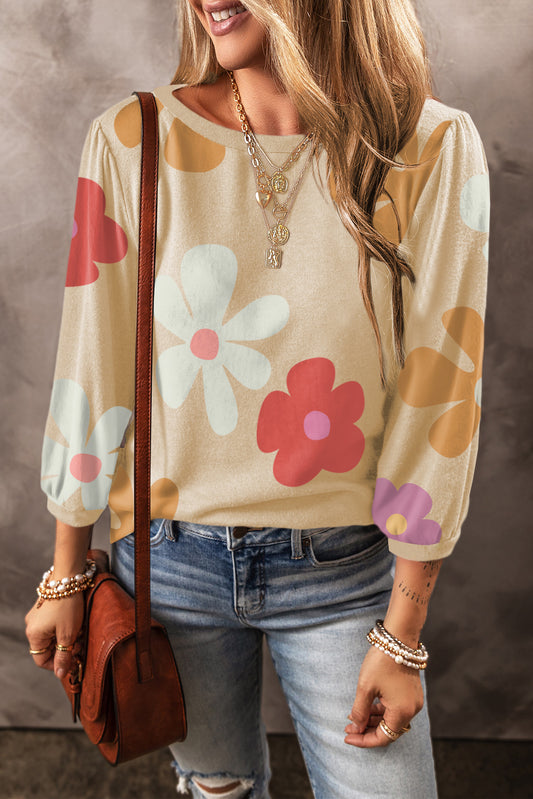 Rose Flower Print Ruched Bracelet Sleeve Top