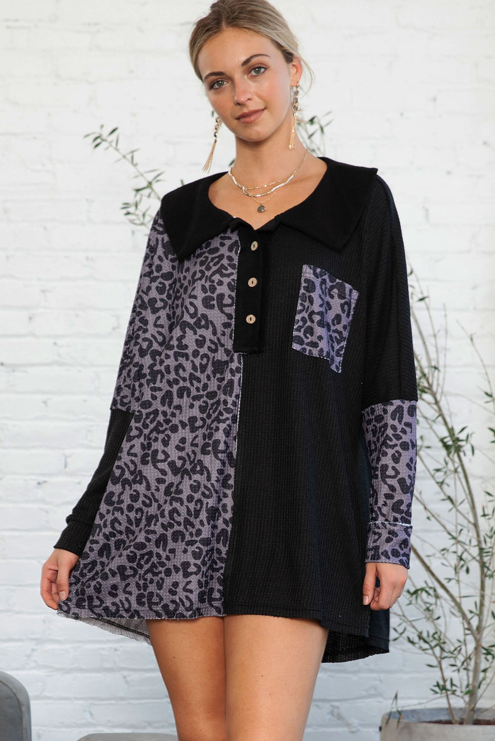 Black Waffle Knit and Leopard Print Color Block Oversized Henley Shirt