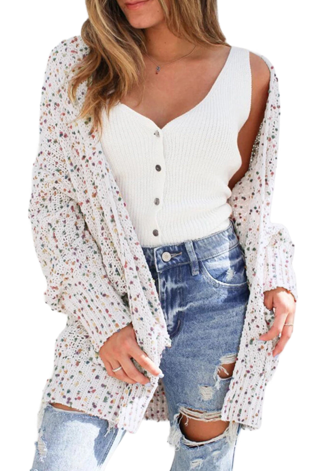 White Dotted Rib Knit Open Front Pocketed Cardigan