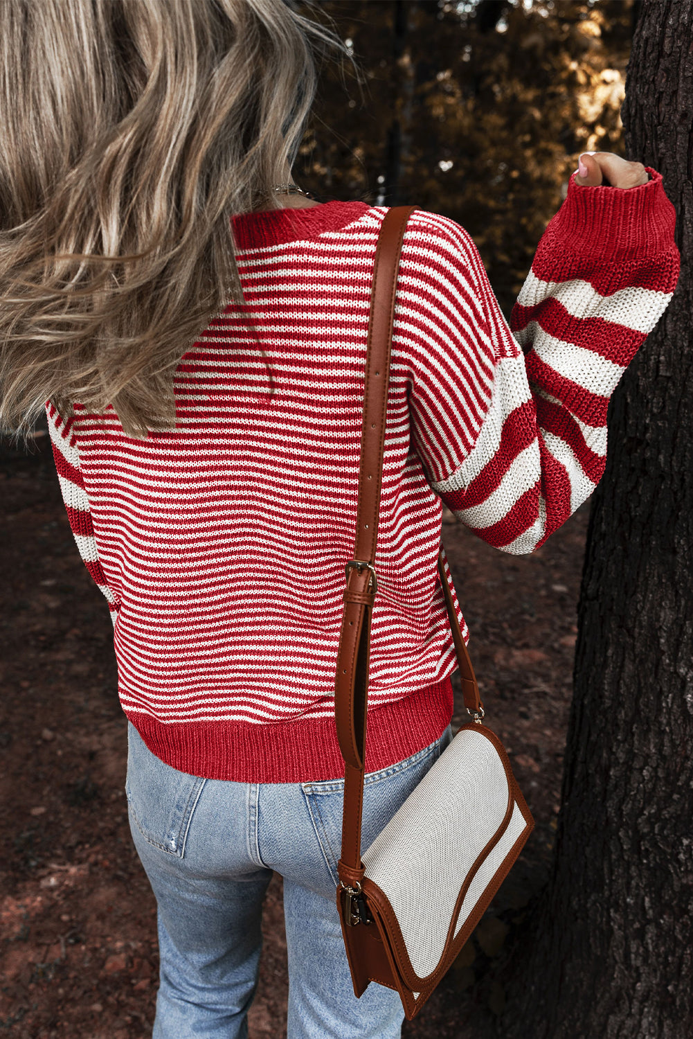 Red and White Stripe Twisted Knitted Drop Shoulder Sweater