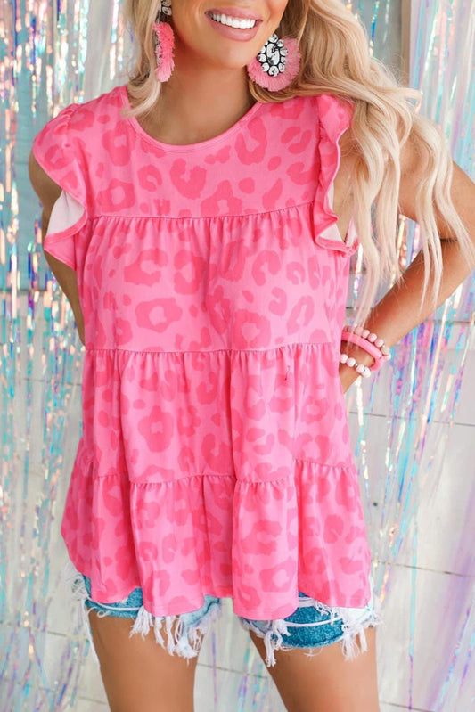 Pink Leopard Print Ruffled Sleeveless Tiered Boho Top