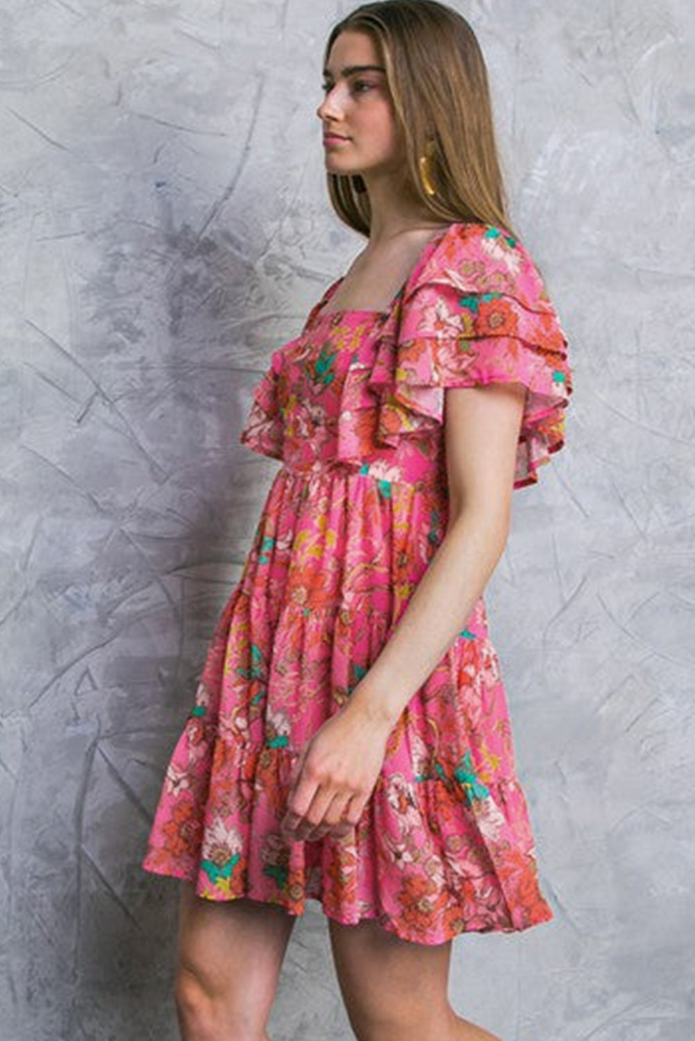 Pink Floral Print Square Neck Ruffle Sleeve Tiered Dress