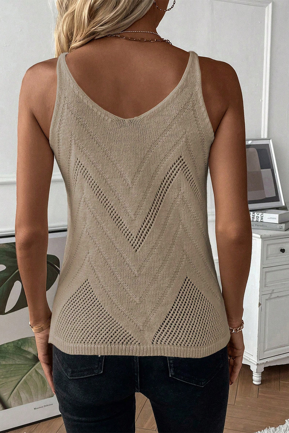 Parchment Chevron Pointelle Knit Cami Top