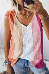 Multicolor Color Block Casual V Neck Waffle Knit Tank Top