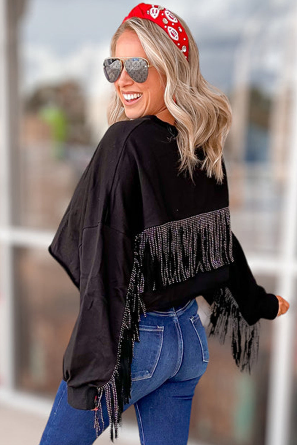 Black GAME DAY Football Sequin Tassel Cropped Sweatshirt