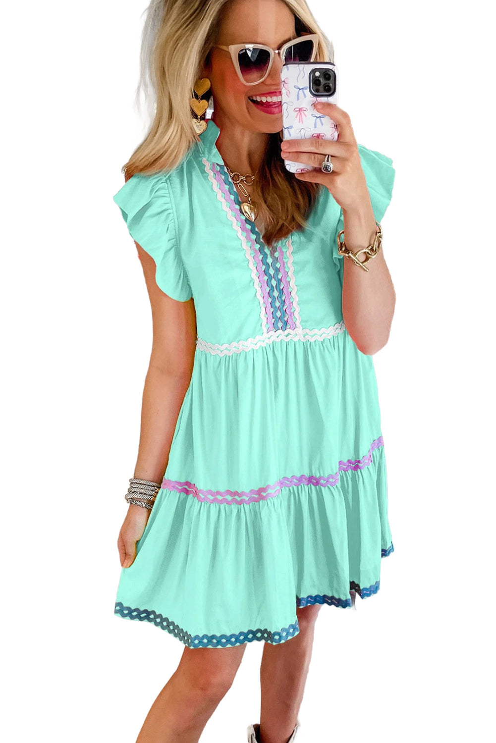 Mint Green Flutter Sleeve V Neck Ric Rac Tiered Dress