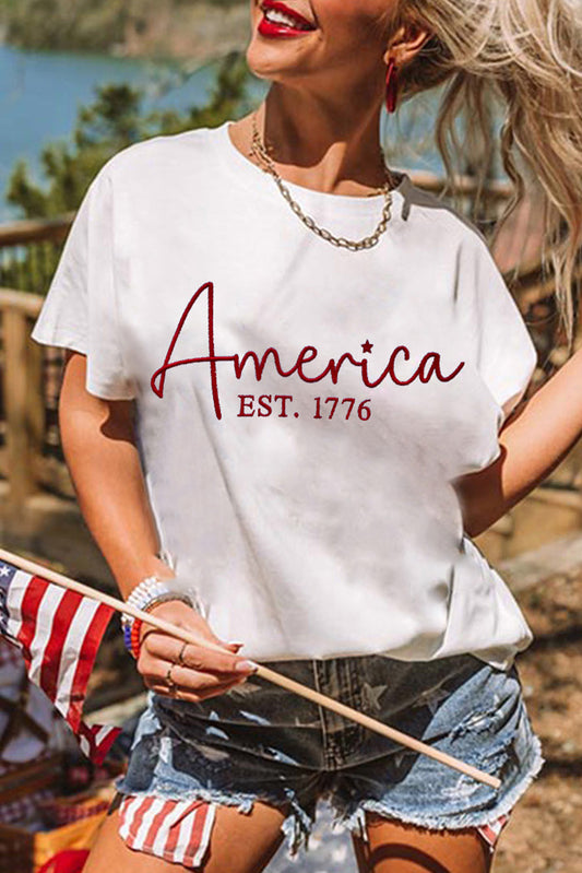 White America Letter Graphic Crew Neck T Shirts