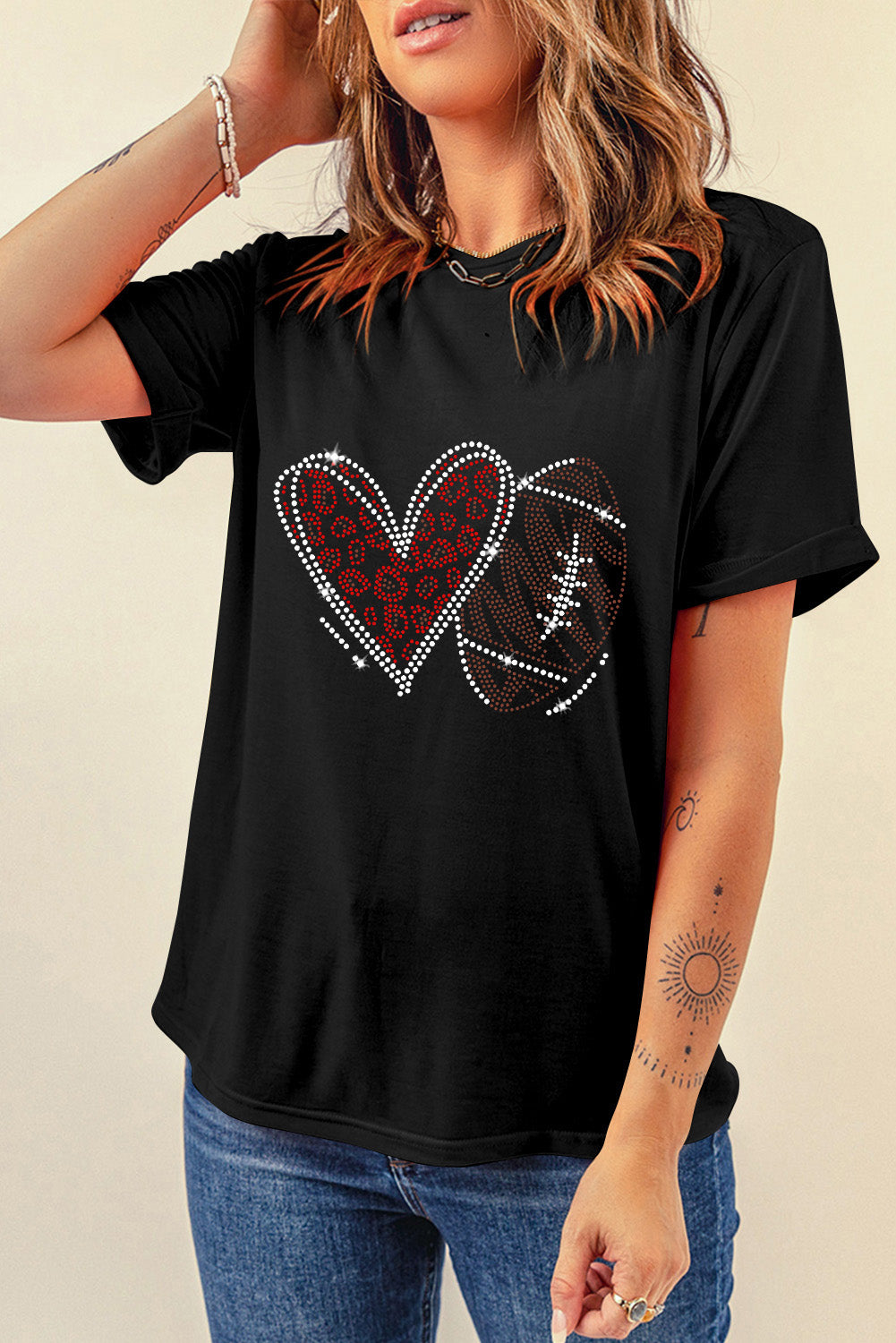 Black Rhinestone Football Heart Shape Graphic Crewneck T Shirt