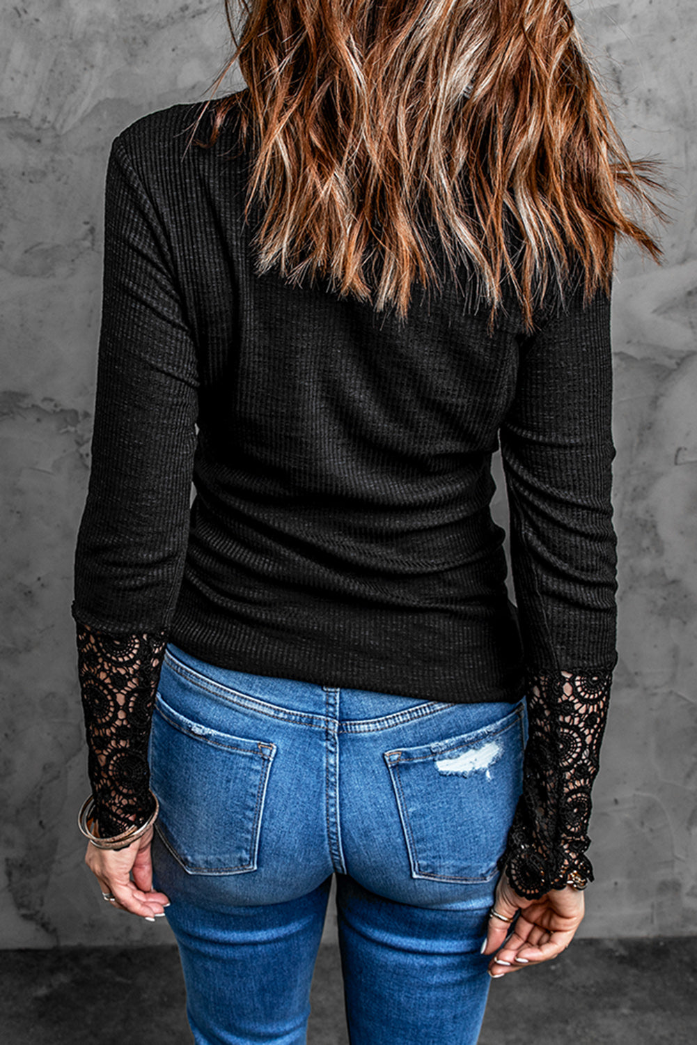 Black Ribbed Lace Crochet Long Sleeve Henley Shirt