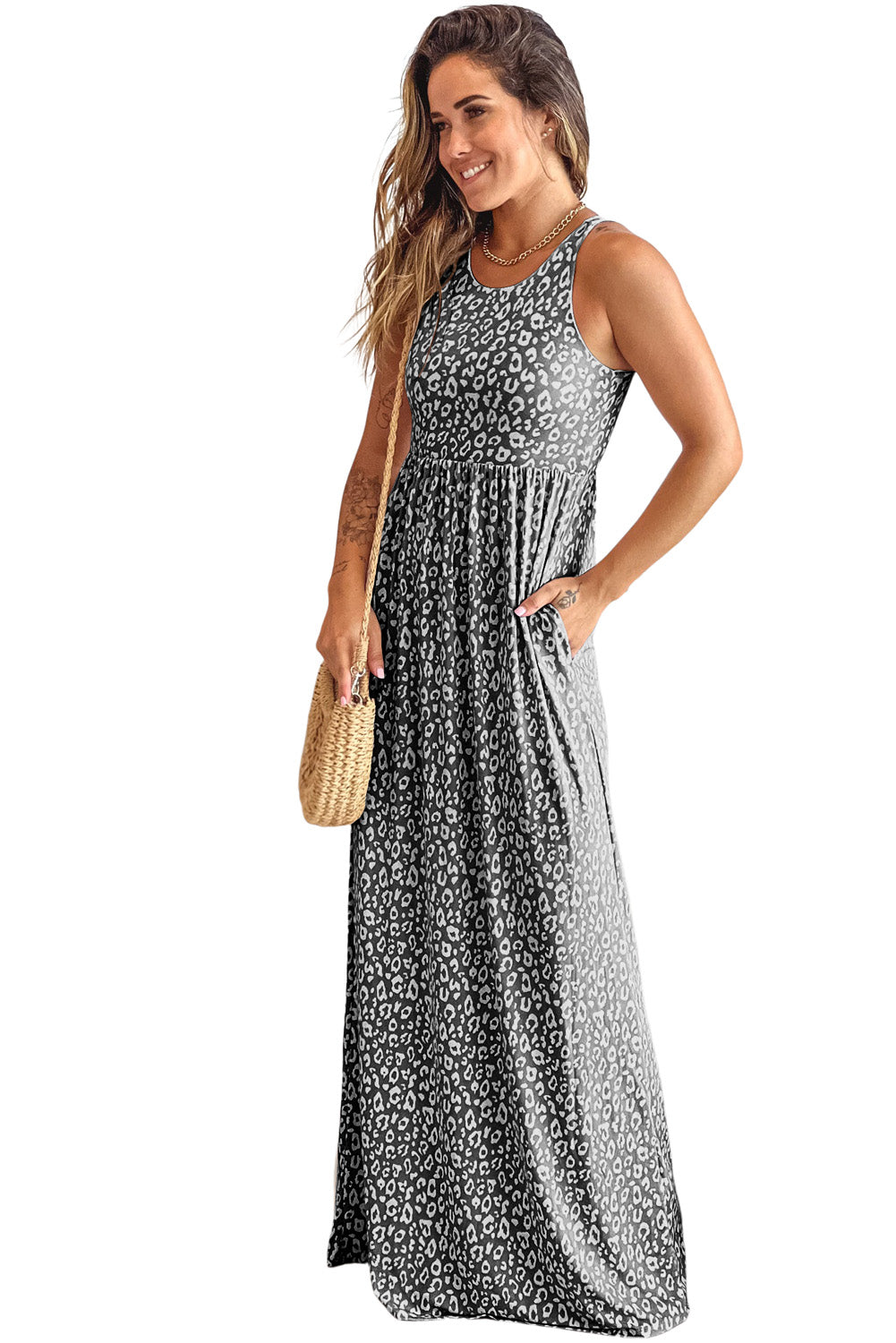 Rose Pink Leopard Pocketed Maxi Tank Dress