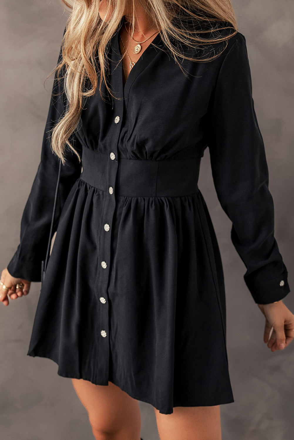 Black Buttoned High Waist Long Sleeve Mini Dress