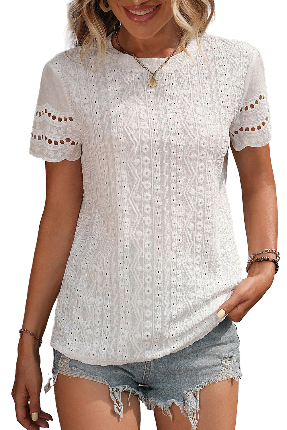 White Eyelet Embroidery Scalloped Short Sleeve Blouse