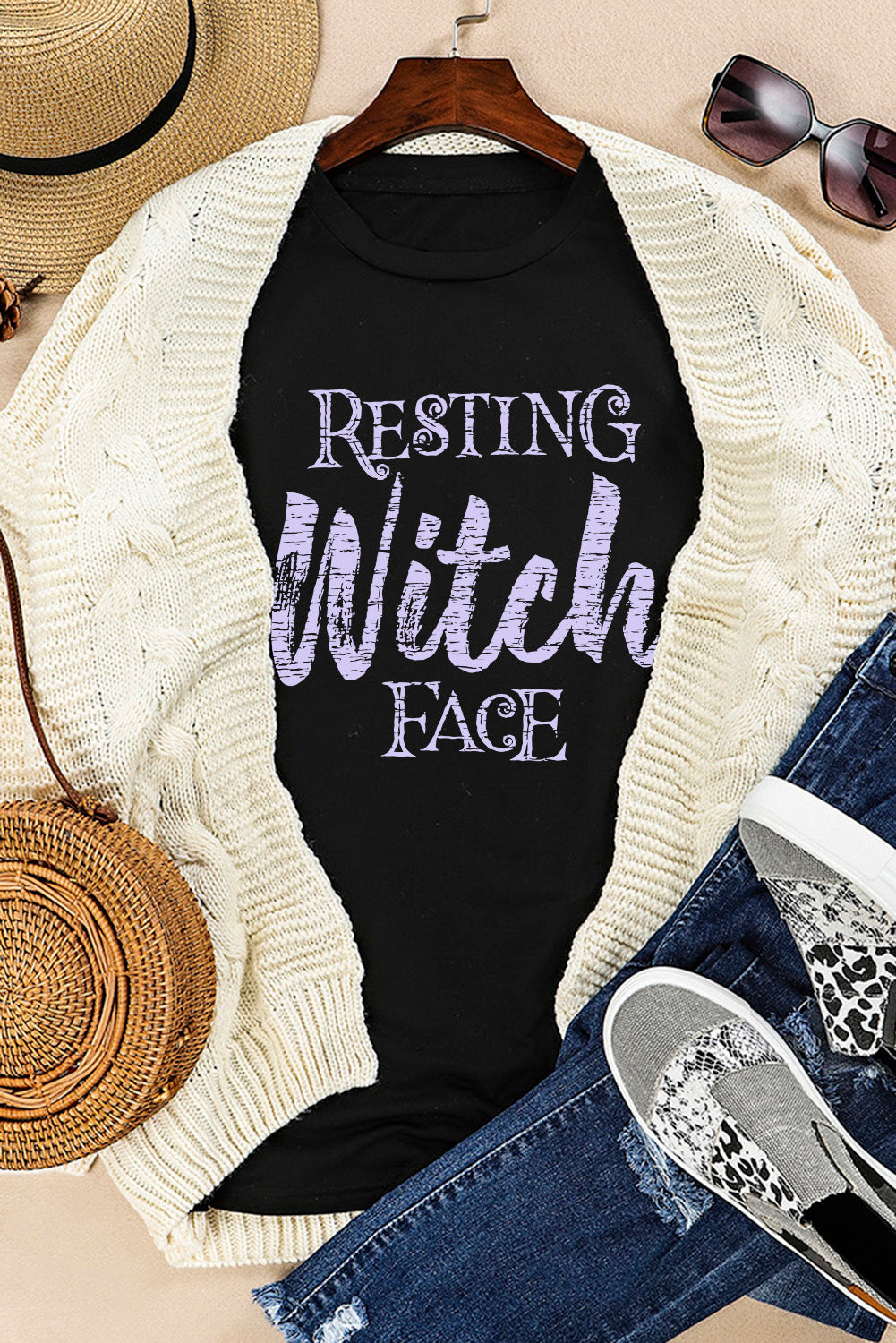 Black Resting Witch Face Casual Letter Print Graphic Tee