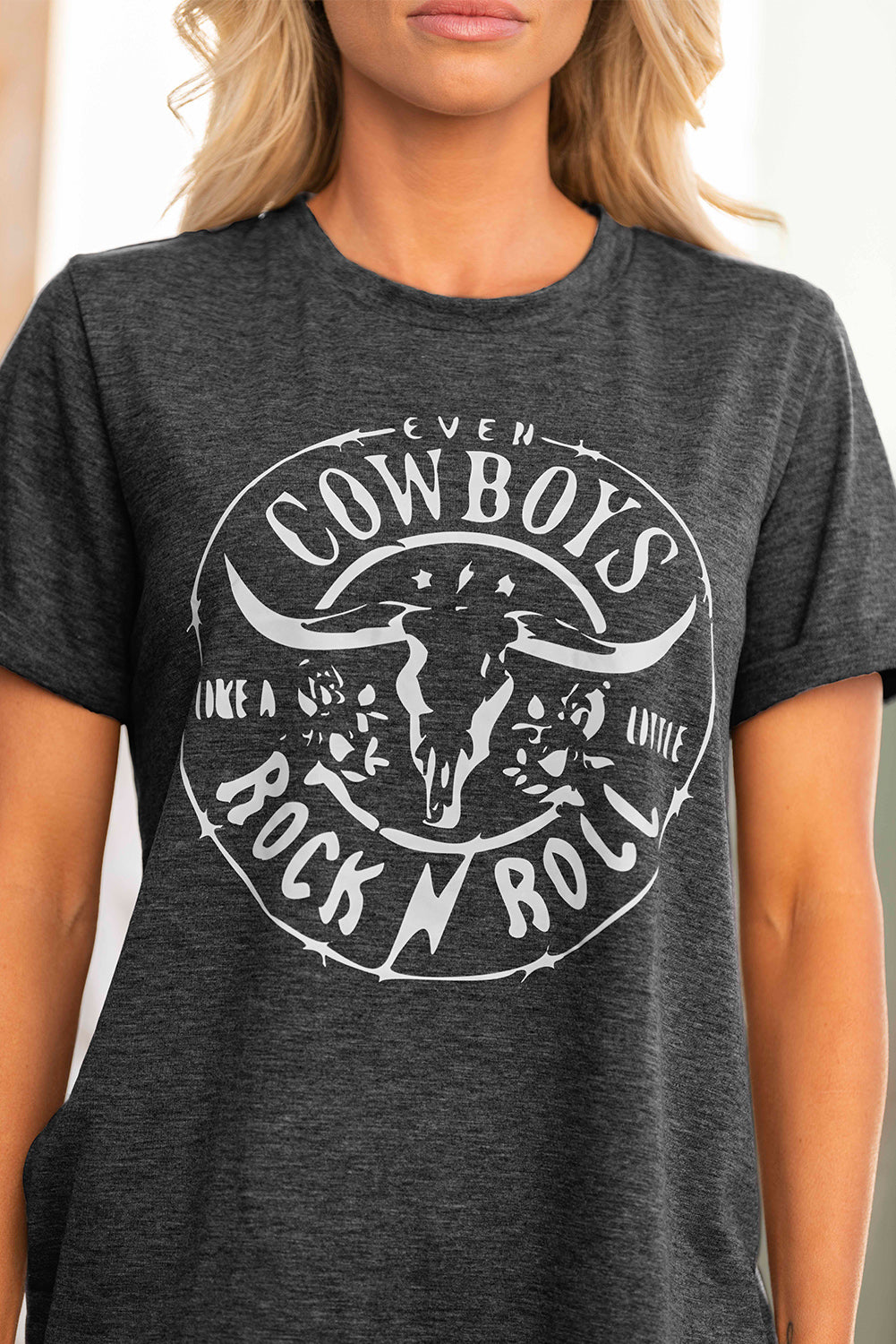 Grey Cowboys and Rock n Roll Print Short Sleeve Graphic Tee