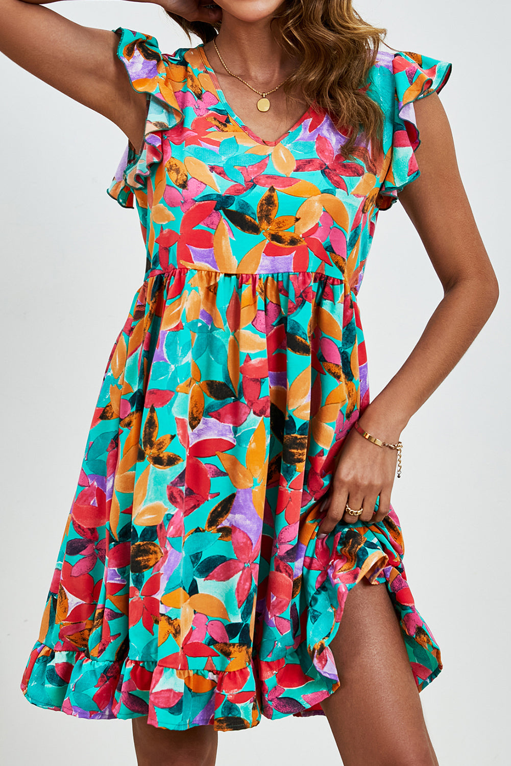 Dark Green Leaf Print V Neck Fly Sleeve Midi Dress