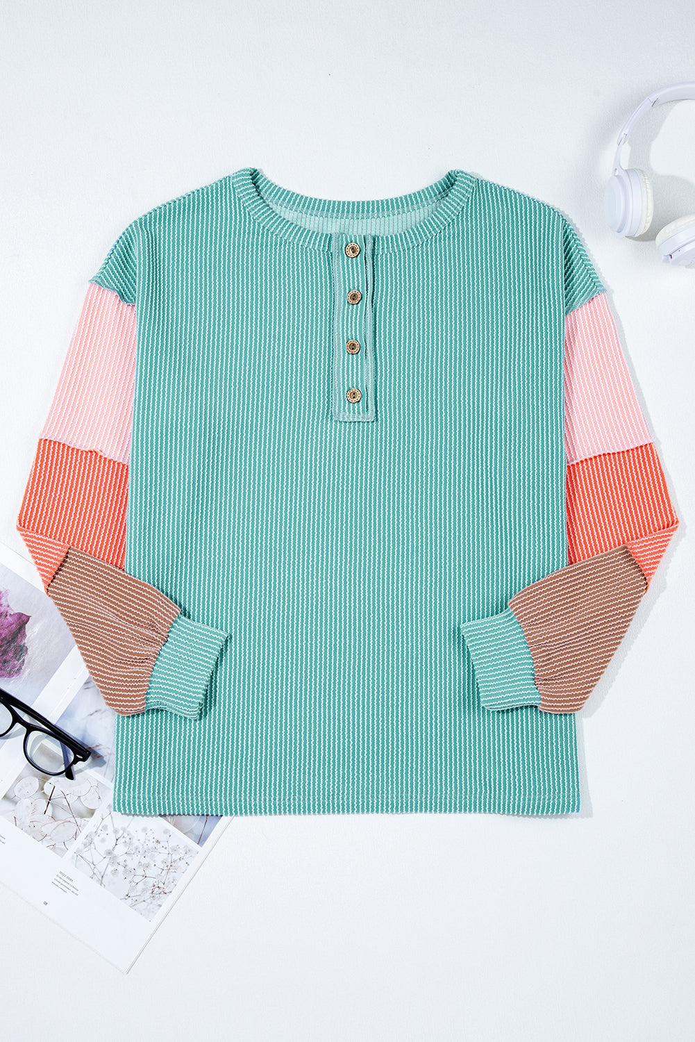 Multicolour Twisted Ribbed Colorblock Patchwork Henley Top
