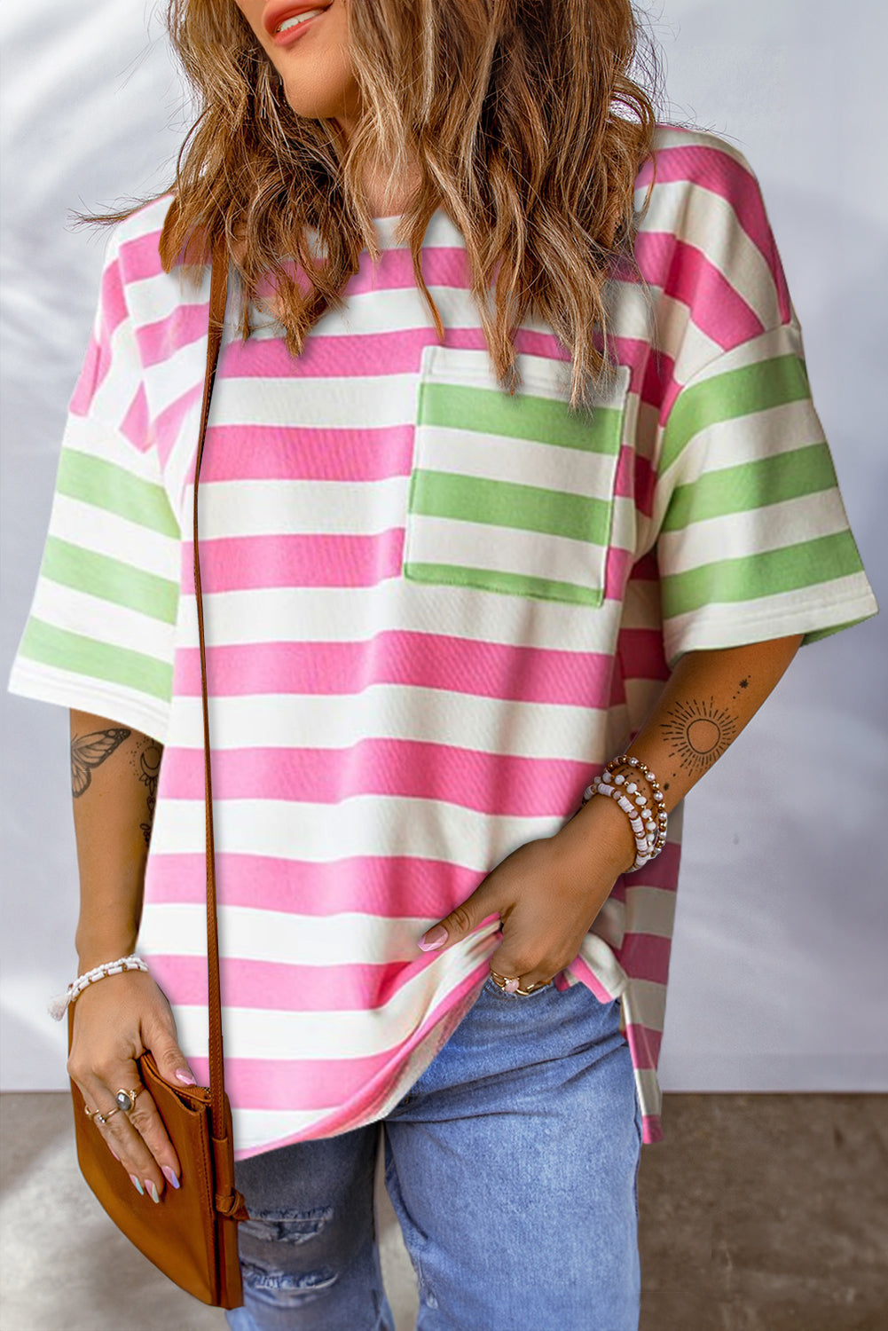 Stripe Patch Pocket Drop Sleeve Slits T Shirt