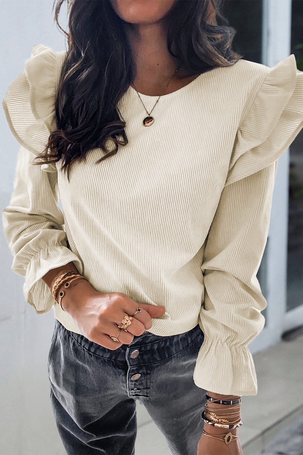 Beige Corduroy Round Neck Ruffled Flounce Sleeve Blouse