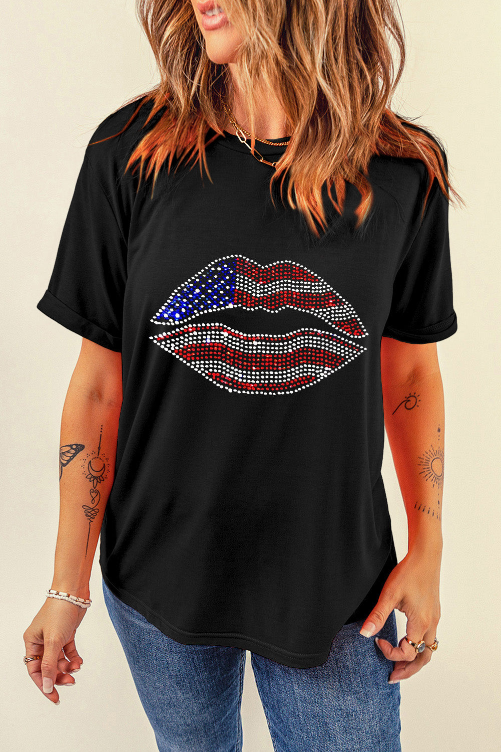 Black Flag Day Rhinestone Lip Shape Graphic T Shirt