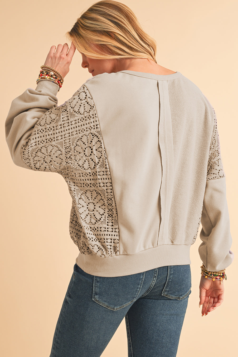 Orchid Petal Crochet Patchwork Exposed Seam Ribbed Trim Sweatshirt