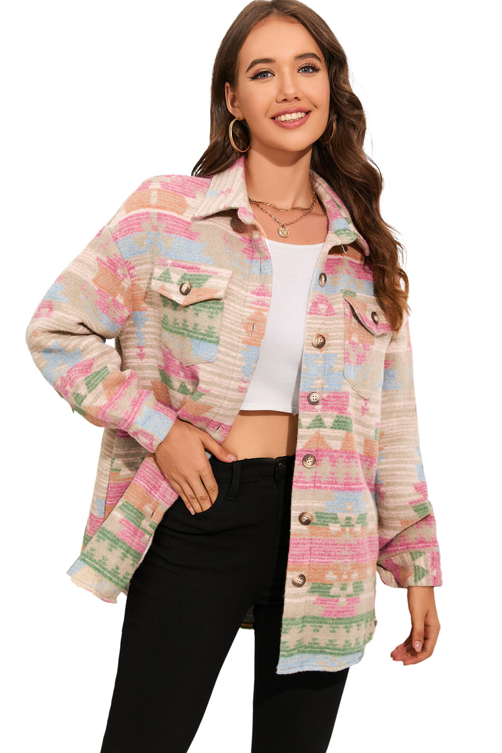 Multicolor Southwest Button Up Flap Pockets Geometric Jacket for Women