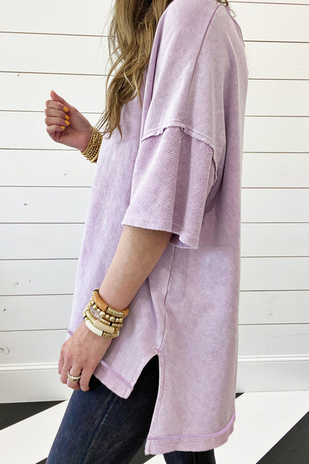 Strawberry Pink Mineral Wash Exposed Seam Drop Shoulder Oversized Tee