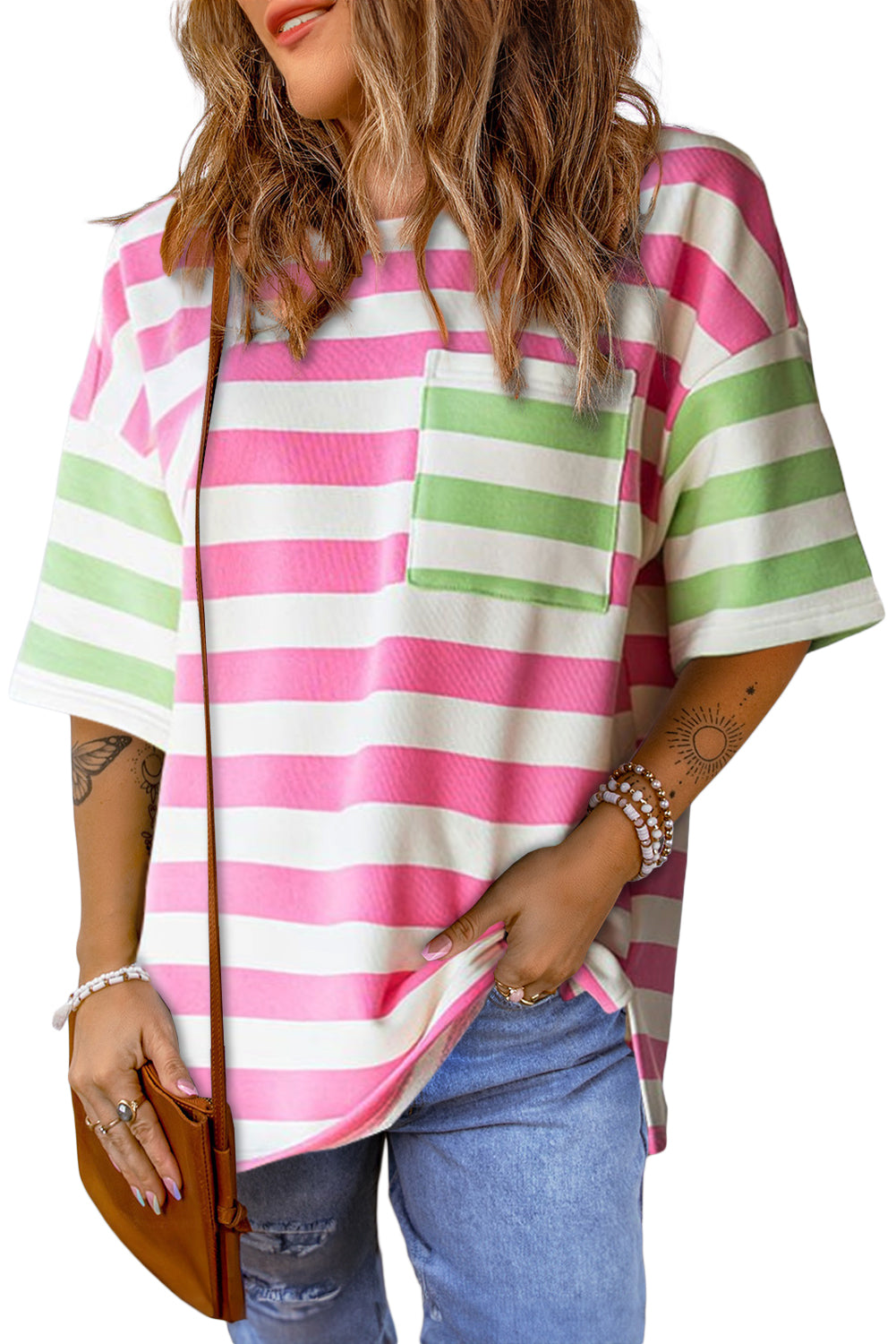 Stripe Patch Pocket Drop Sleeve Slits T Shirt