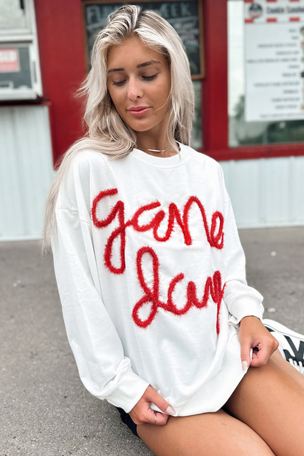 White With Red Tinsel Game Day Drop Shoulder Sweatshirt