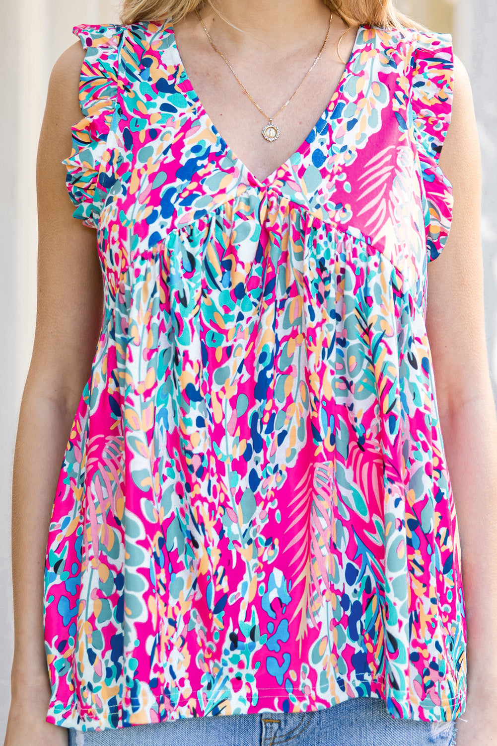 Multicolor Abstract Print Boho Flounce Hem Sleeveless Shirt