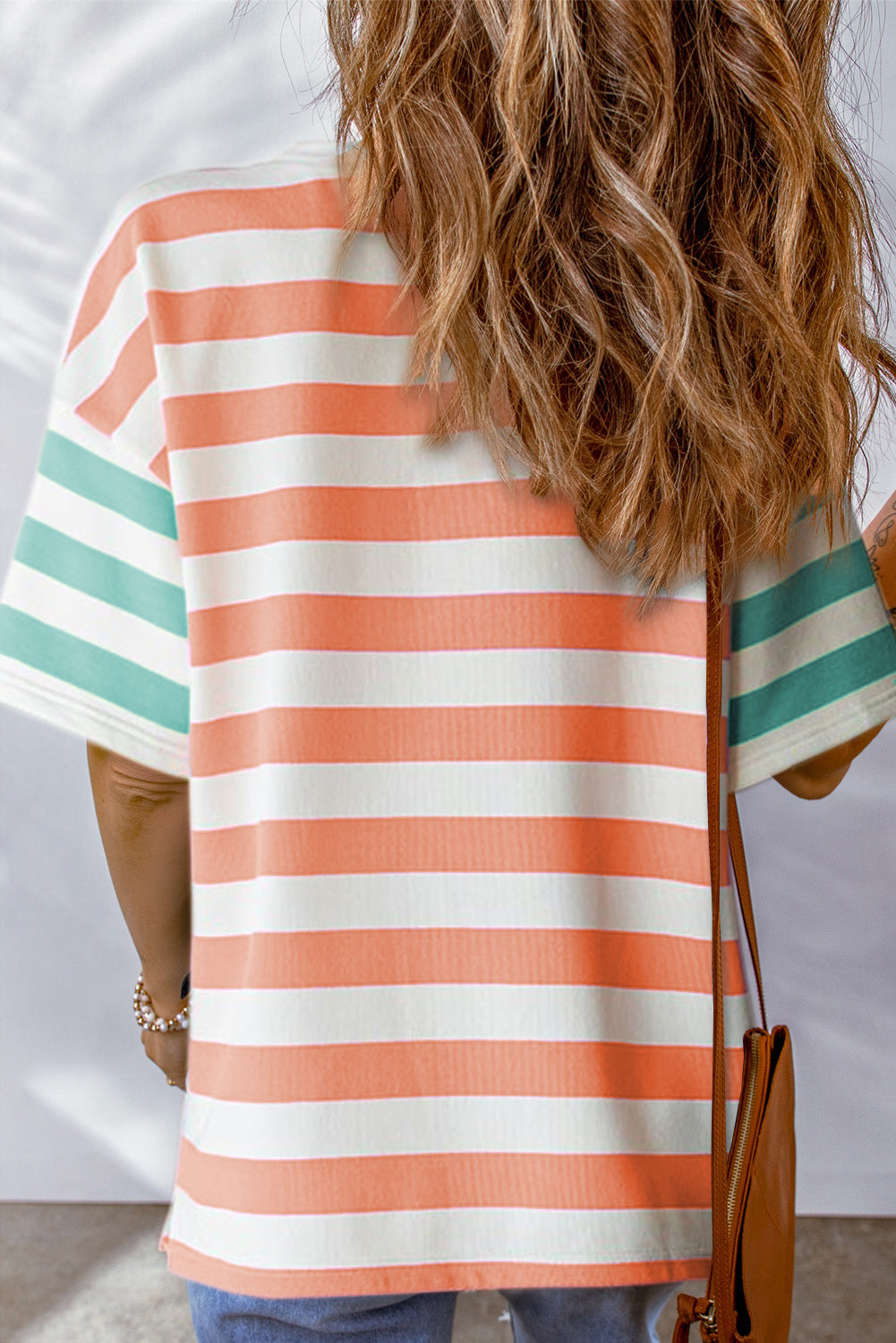 Stripe Patch Pocket Drop Sleeve Slits T Shirt