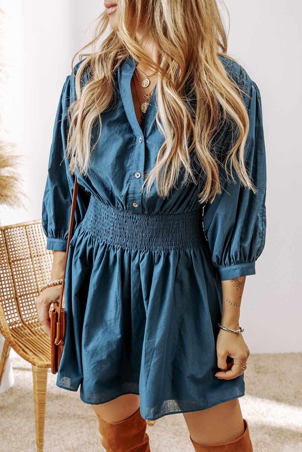 Prussian Blue 3/4 Sleeve Shirred High Waist Buttoned Mini Dress