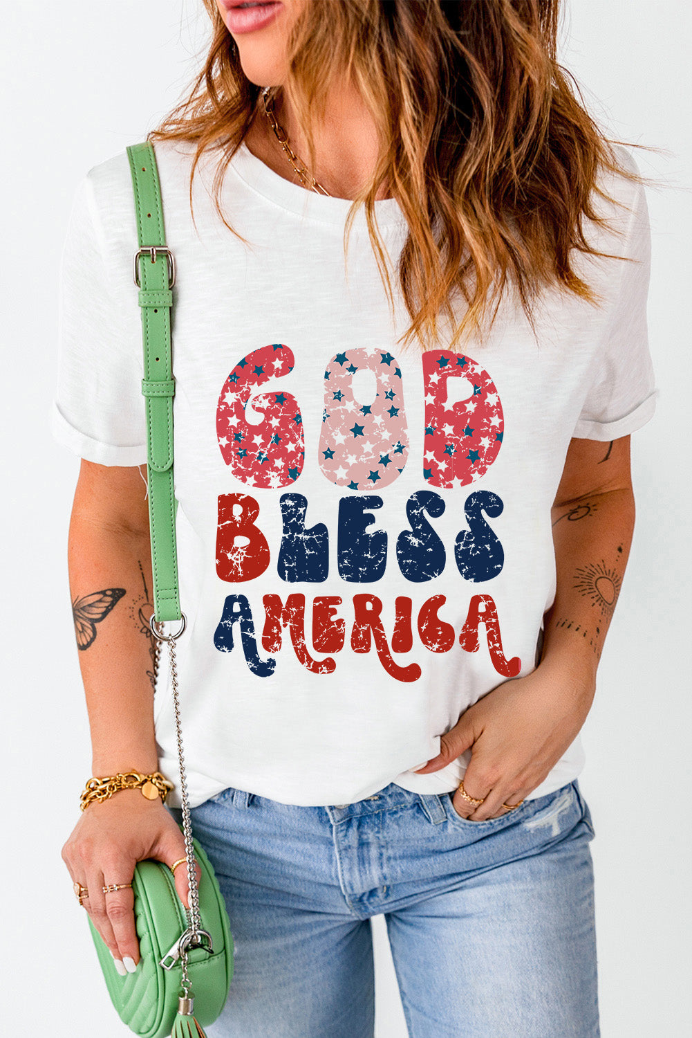 White God Bless America Graphic Round Neck Tee