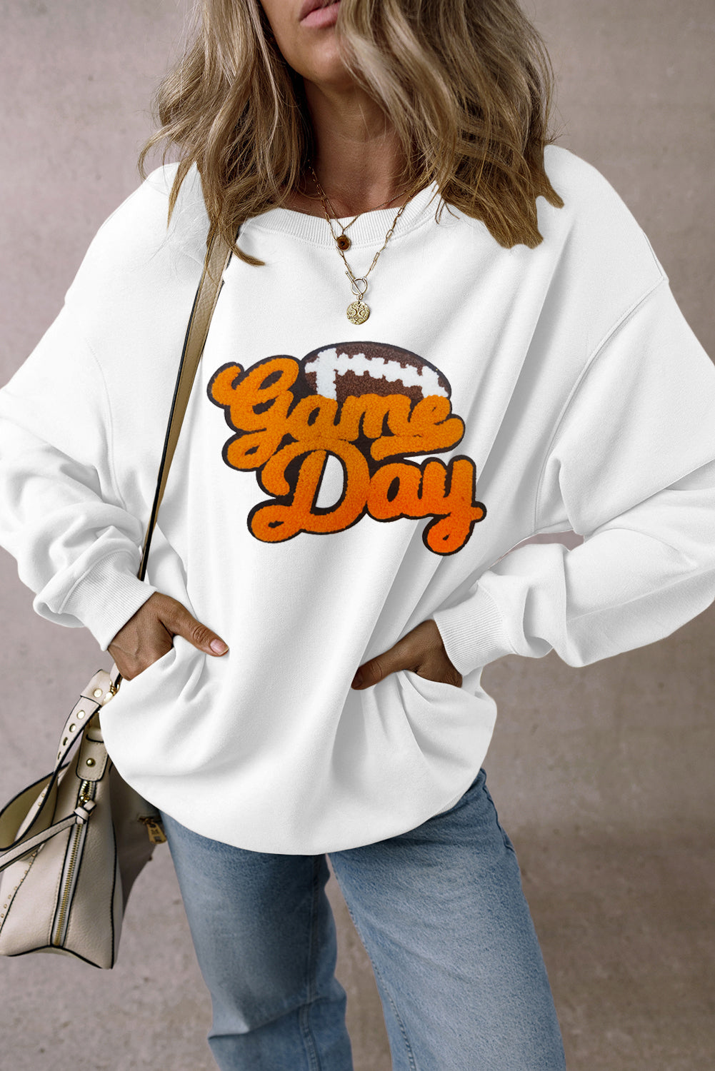 White Chenille Game Day Football Pattern Pullover Sweatshirt