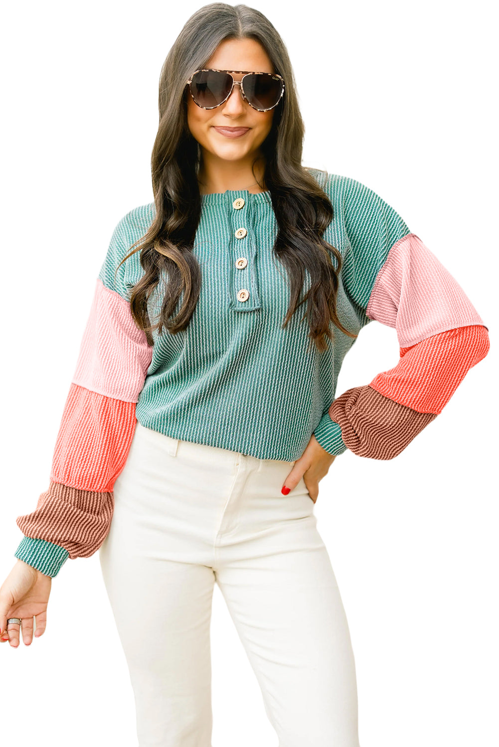 Multicolour Twisted Ribbed Colorblock Patchwork Henley Top
