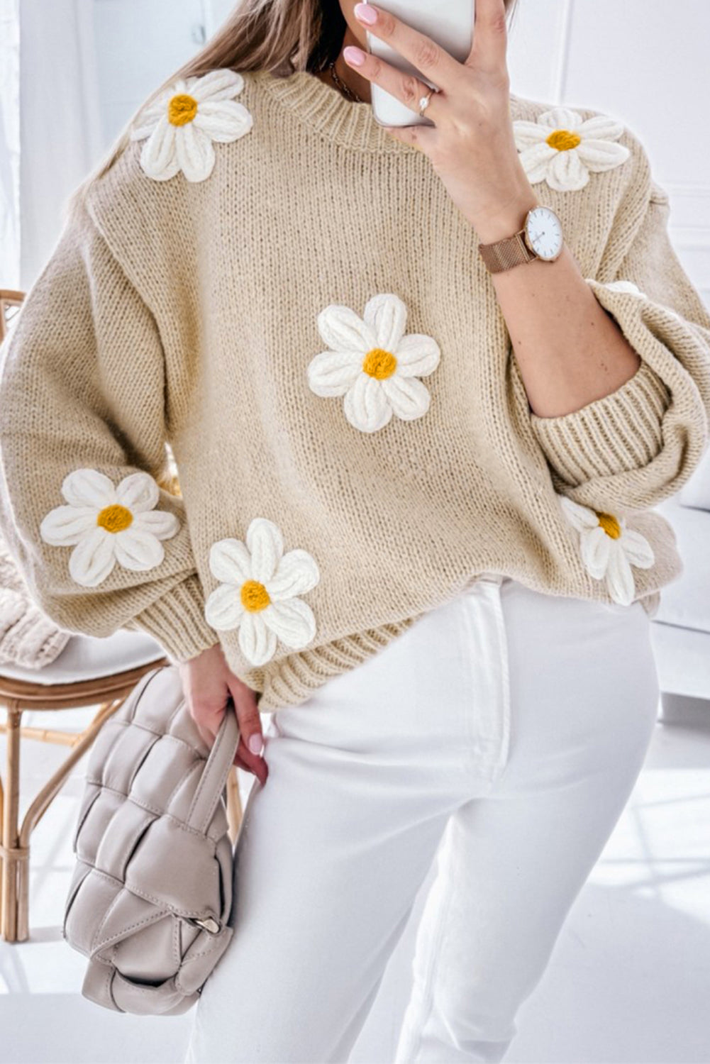 White 3D Flower Detail Loose Sweater