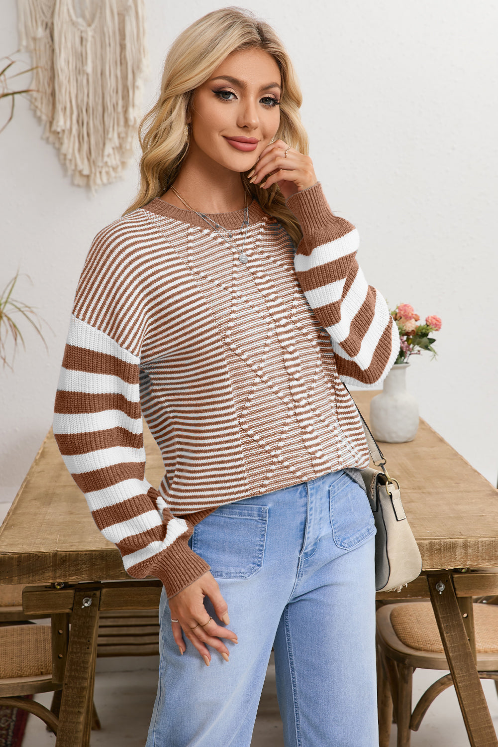 Red and White Stripe Twisted Knitted Drop Shoulder Sweater