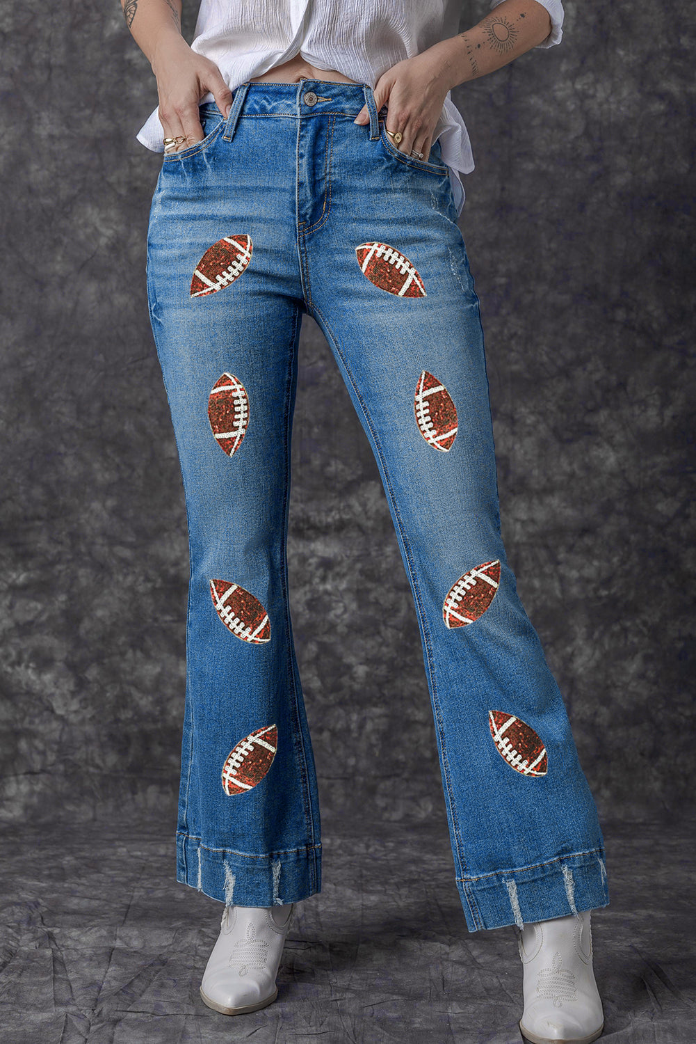 Sky Blue Sequin Football Pattern High Waist Distressed Flare Jeans